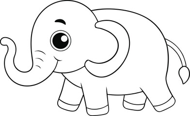 Standing elephant with curved trunk in cartoon gentle pose line art Vector