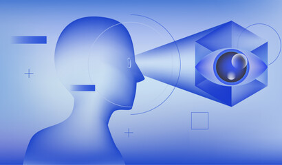 Futuristic vector illustration in abstract style, focused on vision and perception. Dominant blue tones. Main shapes: human head silhouette, geometric eye, circles, rectangles, gradients. © local_doctor