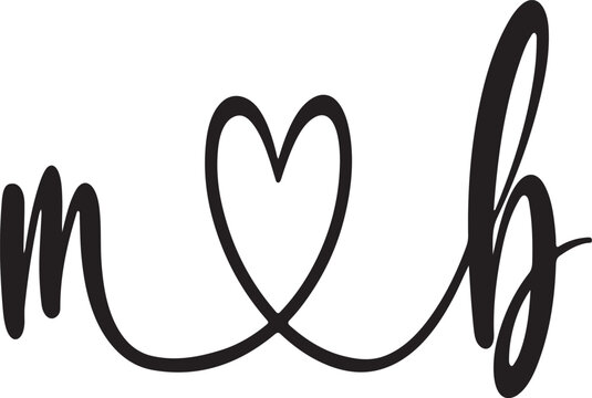Elegant script monogram of letters m and b connected by a heart shape