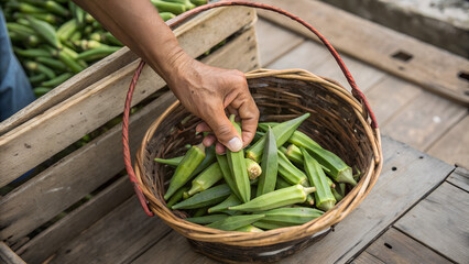 A hand is picking fresh okra from a basket on a wooden table during the harvest