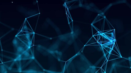 Abstract visualization of a network built from glowing blue lines and nodes on a dark background. Geometric shapes and connections symbolize data transfer, information technology and digitalization