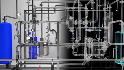 Industrial Boiler Room – Large-Scale 3D Rendering of Mechanical Equipment and Piping System