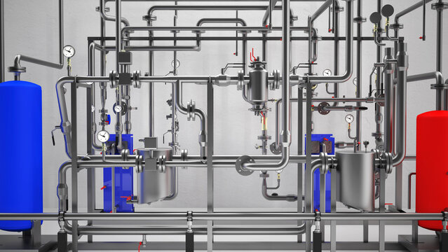 Industrial Boiler Room &ndash; Large-Scale 3D Rendering of Mechanical Equipment and Piping System