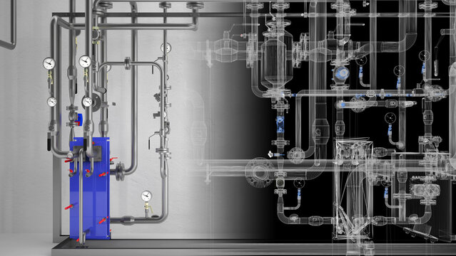 Industrial Boiler Room &ndash; Large-Scale 3D Rendering of Mechanical Equipment and Piping System