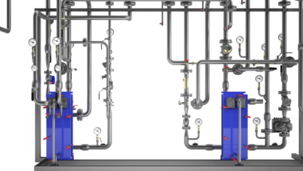 Industrial Boiler Room – Large-Scale 3D Rendering of Mechanical Equipment and Piping System