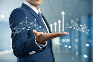 "Corporate-style image of a light-skinned man in his 40s wearing a navy-blue suit, mid-shot perspective. He is centrally framed with his hand extended, palm upward, presenting a holographic web of whi