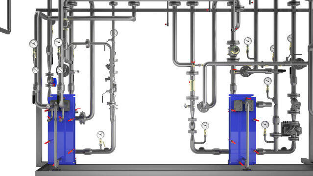 Industrial Boiler Room &ndash; Large-Scale 3D Rendering of Mechanical Equipment and Piping System