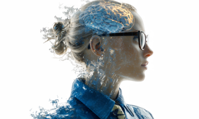 Conceptual illustration of a woman with a glowing brain, representing intelligence, ideas, knowledge, and the power of human intellect against a black background.