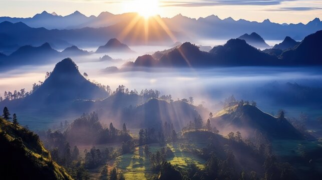 Dramatic sunrise paints the majestic mountain landscape, casting a golden glow over snow-capped peaks and a panoramic valley veiled in morning mist - Powered by Adobe