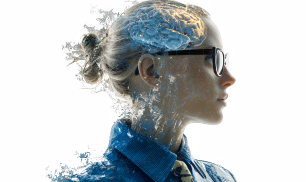 Conceptual illustration of a woman with a glowing brain, representing intelligence, ideas, knowledge, and the power of human intellect against a black background.