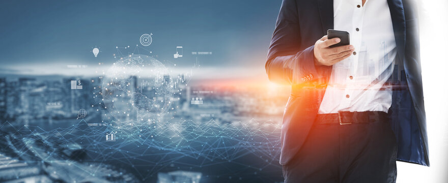 Global business network connecting digital economy and data exchange. Global business expands market, business shares data, global drives finance, and global business supports insight. Vouch