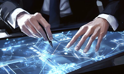 Business person interacts with a bright, blue digital interface with lines, dots, and various abstract patterns