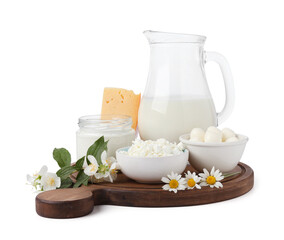 Different fresh dairy products and flowers isolated on white