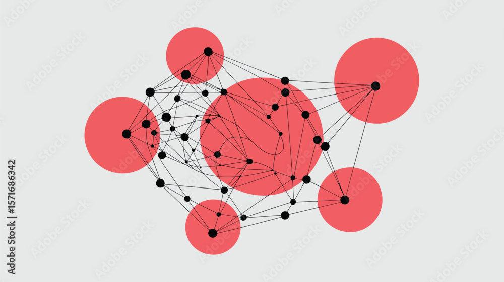 Poster a network of black dots connected by lines with red circles on a light gray background pattern art