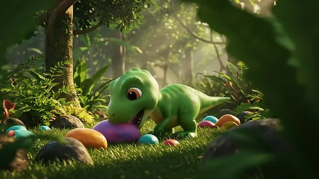 Cute 3D Baby T-Rex Playing in Lush Prehistoric Forest