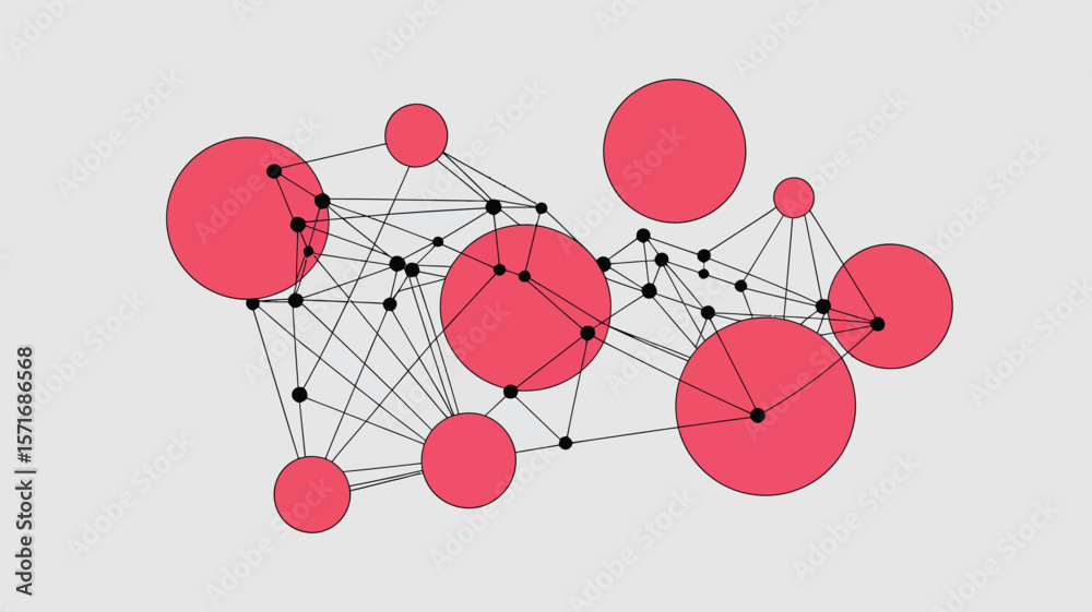Poster a network of red circles connected by black lines and dots on a light gray background abstract desig
