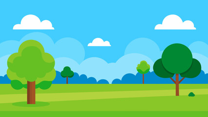 Obraz premium Vector landscape illustration with green trees, fields, and a blue sky with clouds