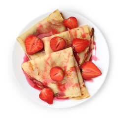 Delicious crepes with strawberries and sauce isolated on white, top view