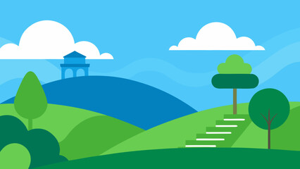 Summer landscape illustration with green trees, blue sky, and clouds over a grassy field