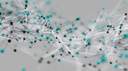 Dynamic 3d illustration of an abstract data network with interconnected points and lines in teal and gray, offering a visual representation of modern connectivity and digital technology