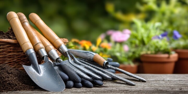 Garden tools in natural setting – gardening equipment surrounded by plants and soil