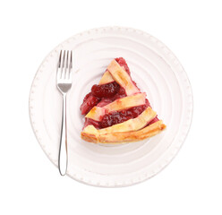Piece of tasty strawberry pie isolated on white, top view