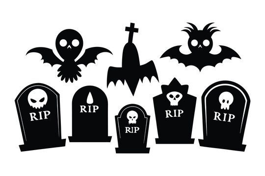 Black silhouette tombstones and spooky creatures for Halloween gravestones skulls