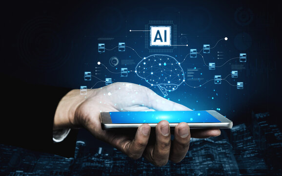 AI neural network and data processing system visualizing artificial intelligence with brain structure, chip, and connected data blocks for computation and learning Vouch