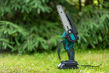 Mini chain saw battery garden on the background of a green forest. Compact electric saws for the garden.