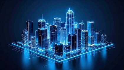 Cityscape of Glowing Buildings on Tech Grid Illustration