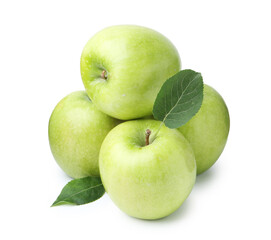 Fresh green apples with leaves isolated on white