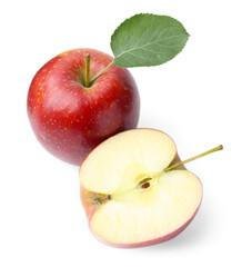 Half and whole red apples with leaf isolated on white