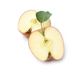 Halves of fresh apples with leaf isolated on white