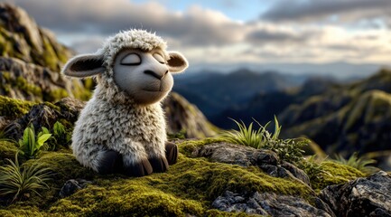 Un adorable mouton tout doux, rendu 3D, assis au sommet d'une montagne couverte de mousse, les yeux fermés et l'air serein et détendu.