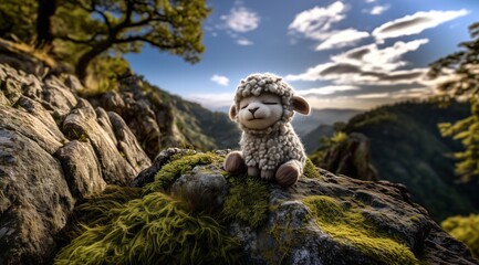 Un mouton mignon tout doux, rendu 3D, assis au sommet d'une montagne couverte de mousse, les yeux fermés et l'air serein et détendu.