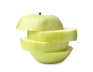 Stack of fresh green apple slices isolated on white