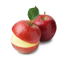 Fresh whole, cut apple slices with leaf isolated on white