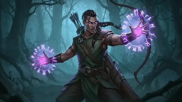 Mystical Archer in Enchanted Forest Unleashing Magic Powers with Runic Circle Energy