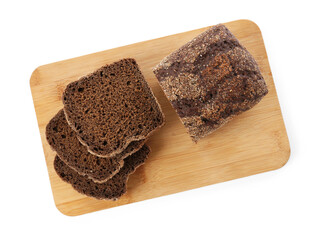 Cut fresh rye bread isolated on white, top view