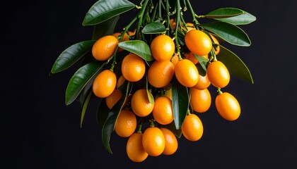 Close-up of Kumquats on Branch with Dark Background