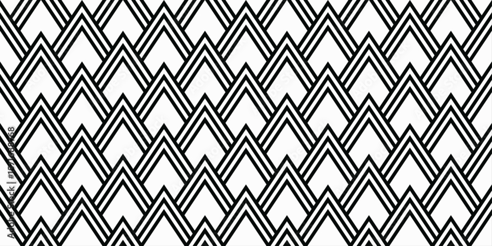Poster Black and White Triangle Pattern. Each triangle is outlined with two parallel black lines, creating a bold geometric design.