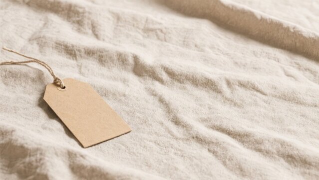 A plain beige linen surface showcases a blank cardboard tag attached with twine, ready for labeling or branding in a crafts or artisan setting