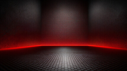Studio interior with carbon fiber texture. Modern carbon fiber textured red black interior with light. Background for mounting, product placement. Vector background, template, mockup