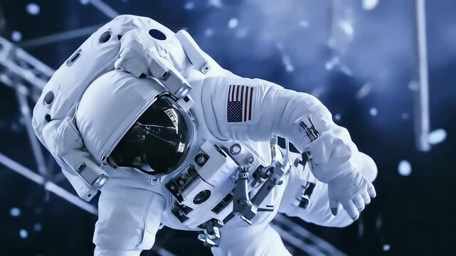 Astronaut in a spacesuit floats against a backdrop of blue and white light streaks, possibly in space or a simulation.