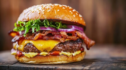 Juicy Cheeseburger with Bacon and Fresh Vegetables on Wooden Table