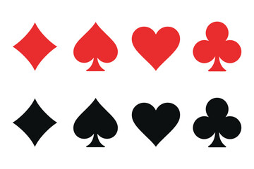 Classic Playing Card Symbols Set in Red and Black Colors with Transparent Background for Casino Graphics, Game Interfaces, Vector Art, and Digital Playing Card Designs

