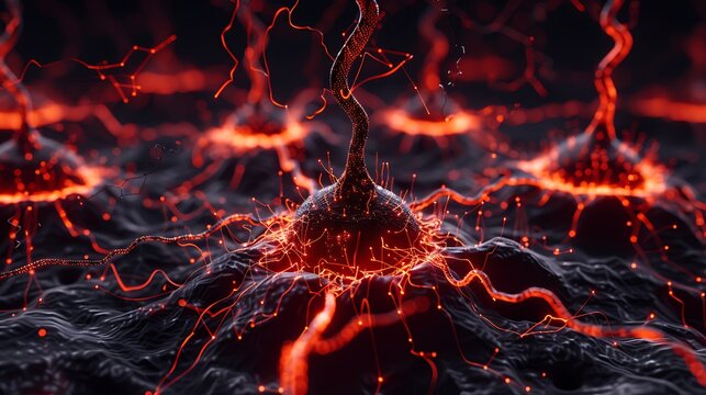 Advanced neural network visualized as a glowing 3D structure of interconnected nodes and circuits. 32k, full ultra HD, high resolution