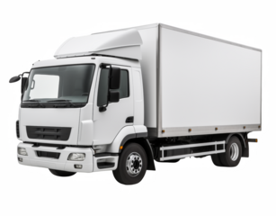 A white delivery truck stands ready for transport, perfect for logistics, shipping, and commercial vehicle projects with its transparent background.