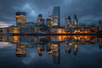Evening reflections of a vibrant city skyline showcasing vibrant lights and rich architecture along the waters