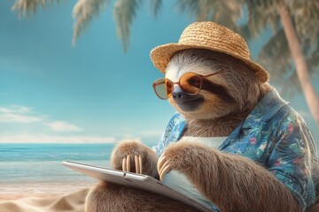 Freelancing sloth enjoys tropical beach while working on tablet during a sunny day